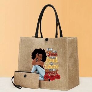 2pcs Elegant She Has Fire Lady Burlap Tote Bag Set With Mini Coin Purse